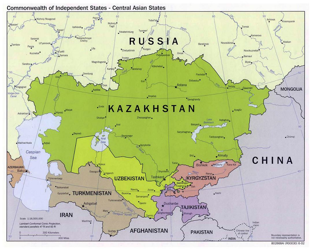 Большая политическая карта государств Центральной Азии - 2002