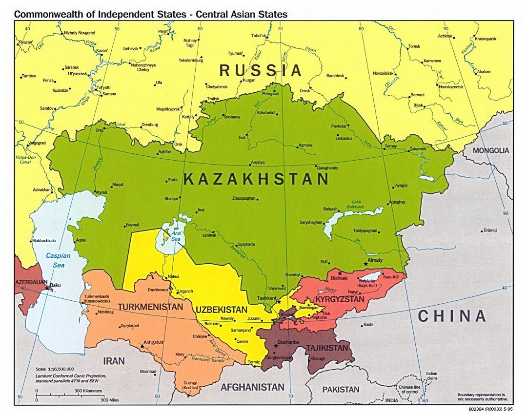 Большая политическая карта государств Центральной Азии с крупными городами - 1995