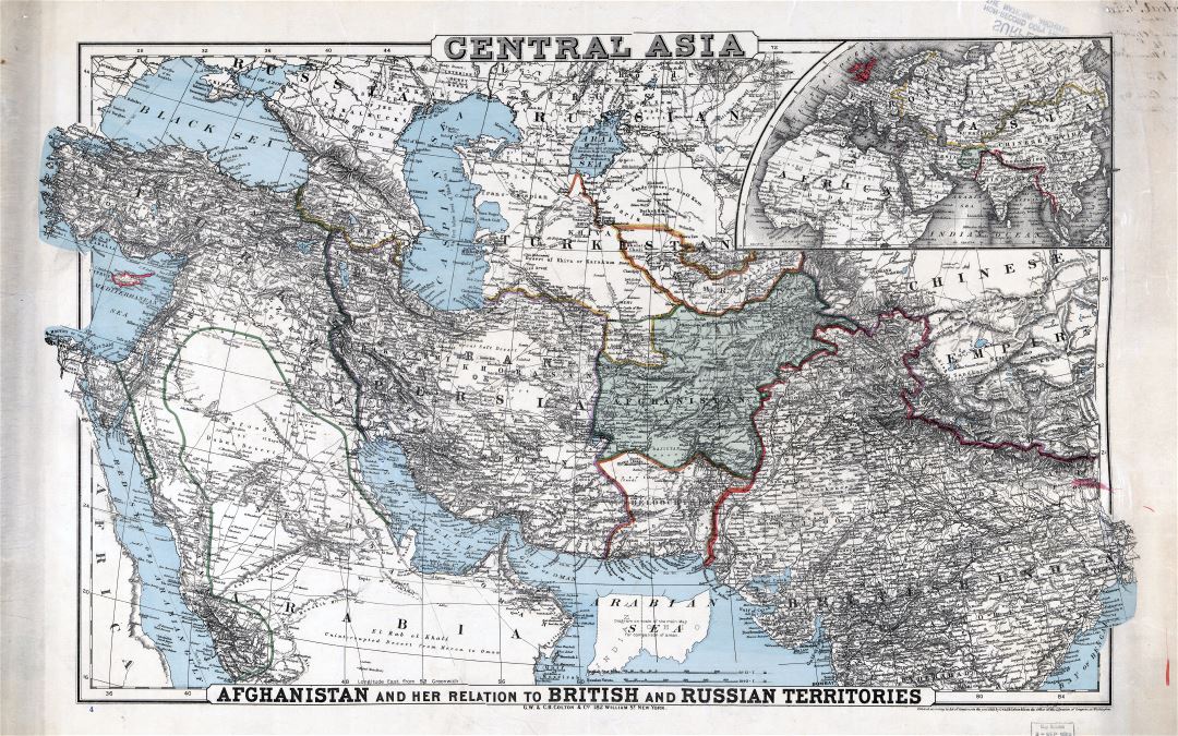 Крупномасштабная старая карта Центральной Азии с рельефом - 1885