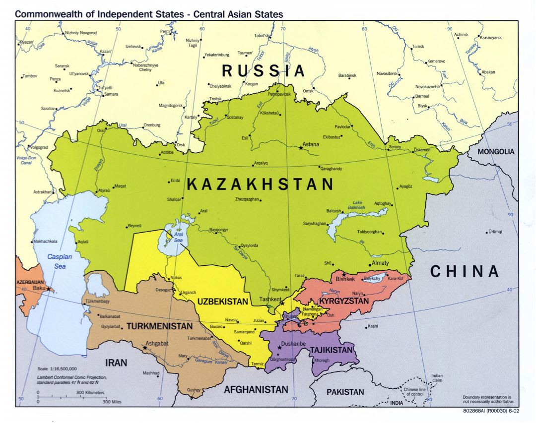 Крупномасштабная политическая карта государств Центральной Азии - 2002