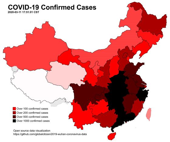 Covid-19 (Коронавирус) карта Китая - 2020-03