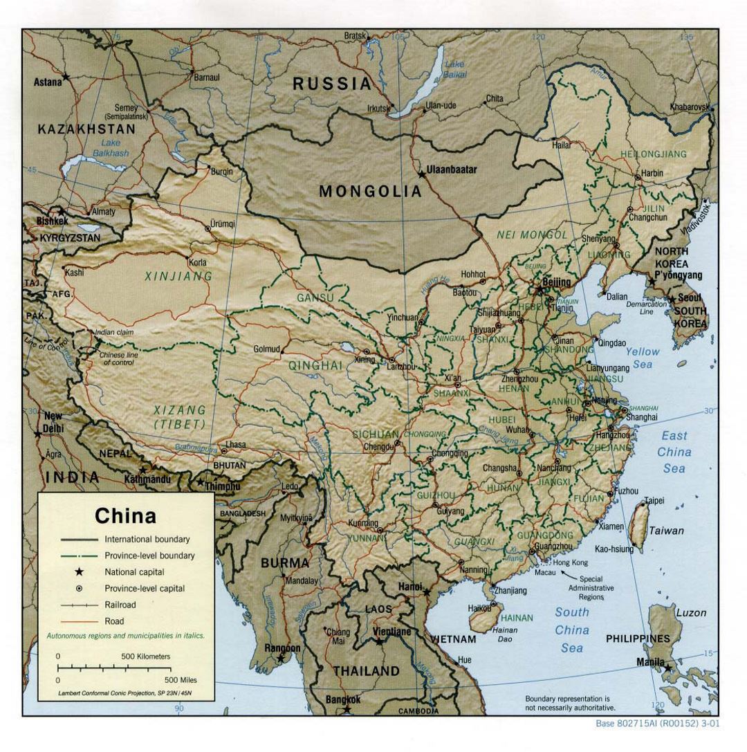 Детальная политическая и административная карта Китая с рельефом, дорогами, железными дорогами и крупными городами - 2001