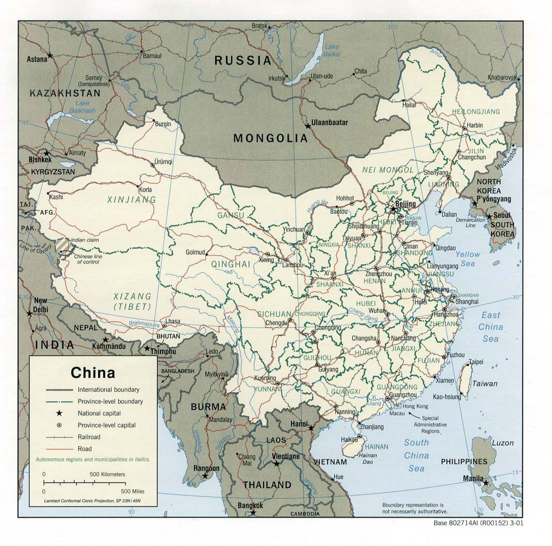 Детальная политическая и административная карта Китая с дорогами, железными дорогами и крупными городами - 2001