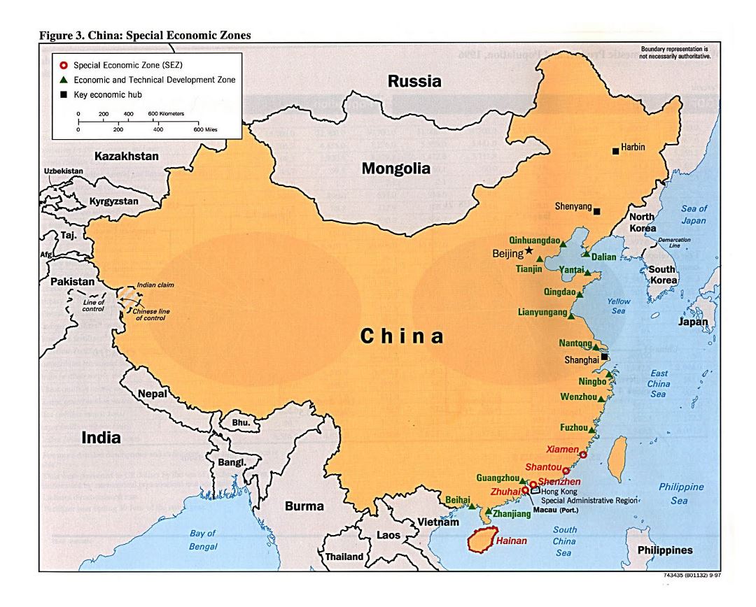 Детальная карта специальных экономических зон Китая - 1997