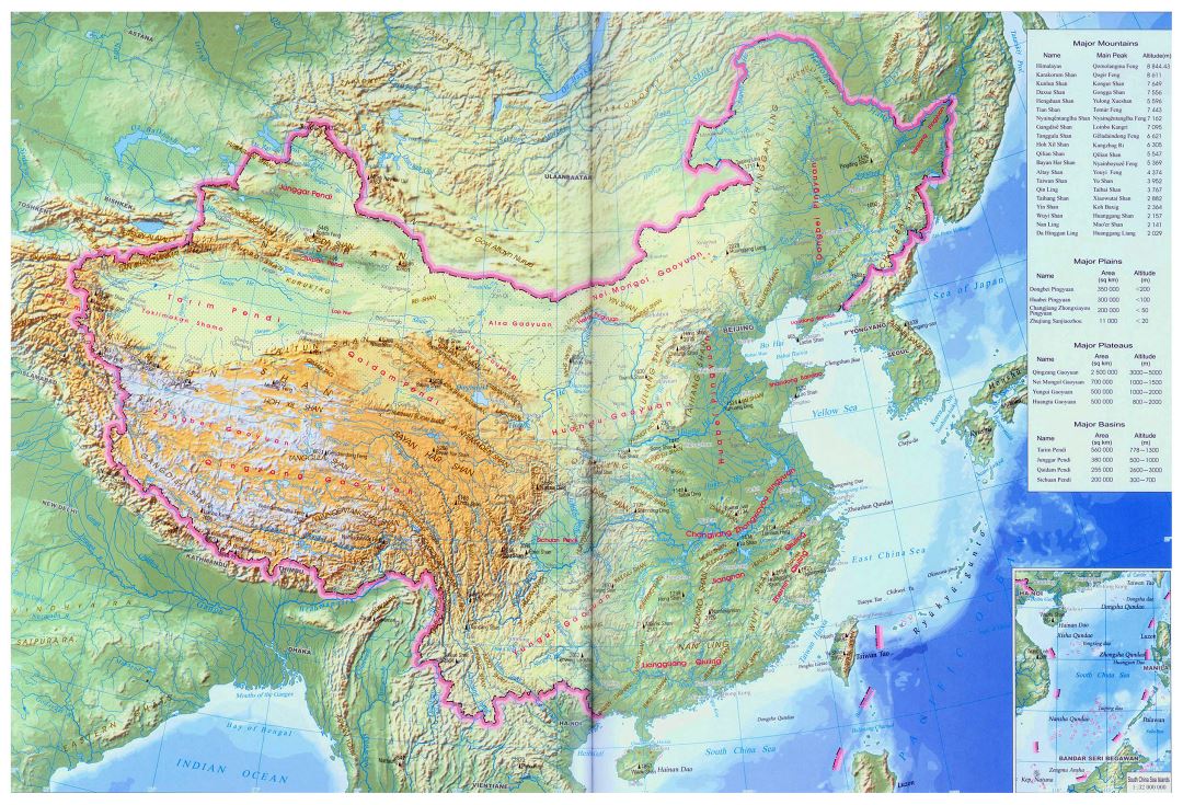Большая топографическая карта Китая на английском языке