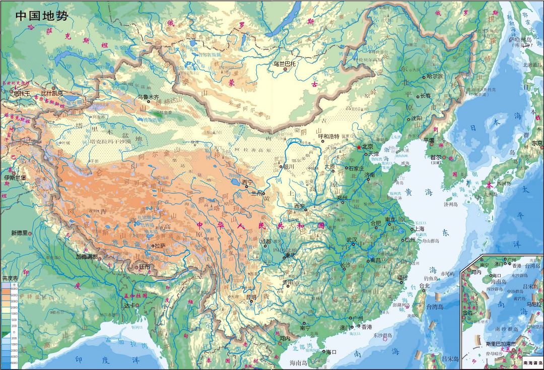 Большая детальная физическая карта Китая на китайском языке