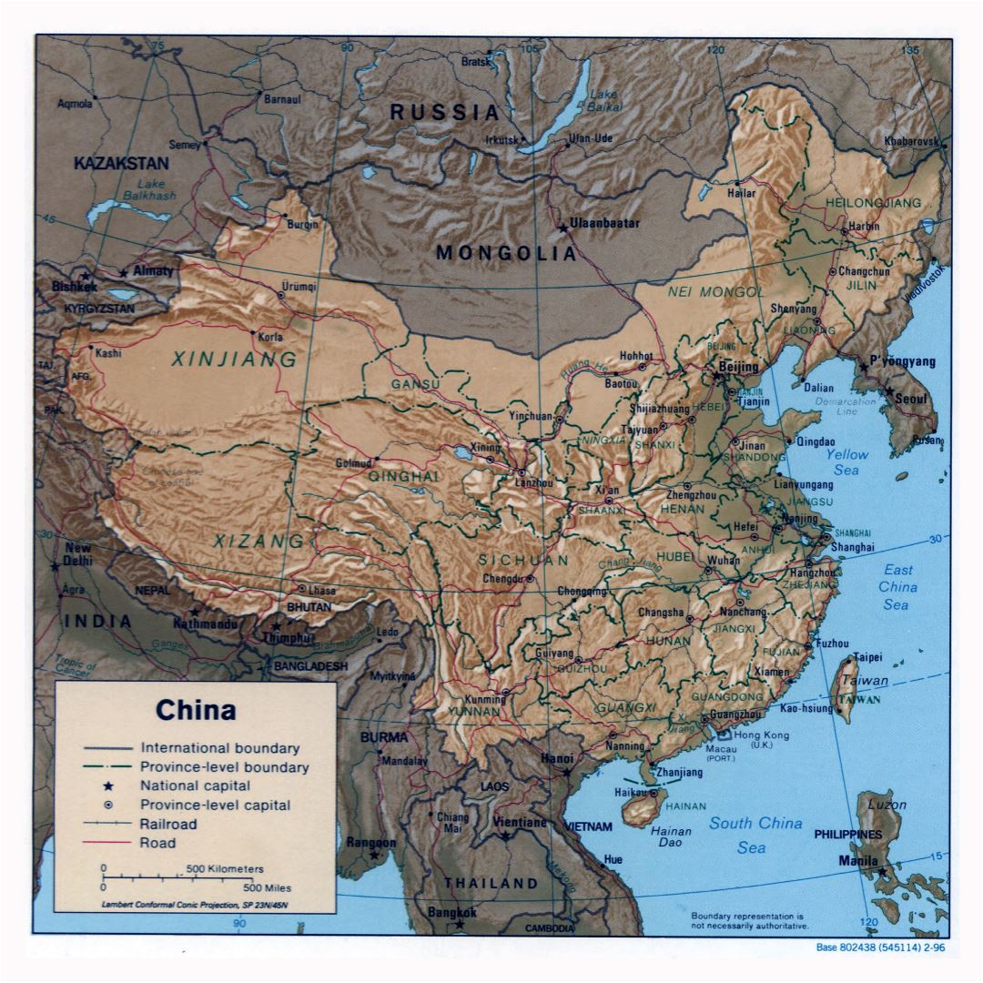 Большая детальная политическая и административная карта Китая с рельефом, дорогами, железными дорогами и крупными городами - 1996