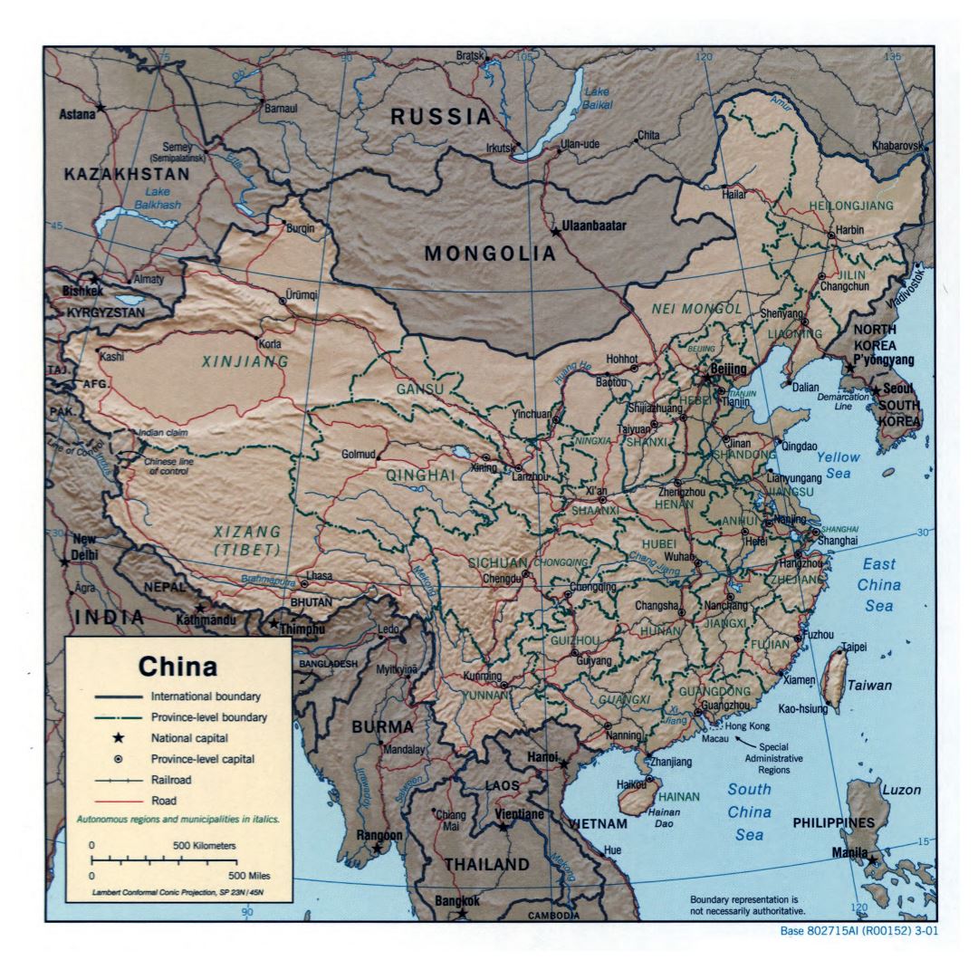 Большая детальная политическая и административная карта Китая с рельефом, дорогами, железными дорогами и крупными городами - 2001