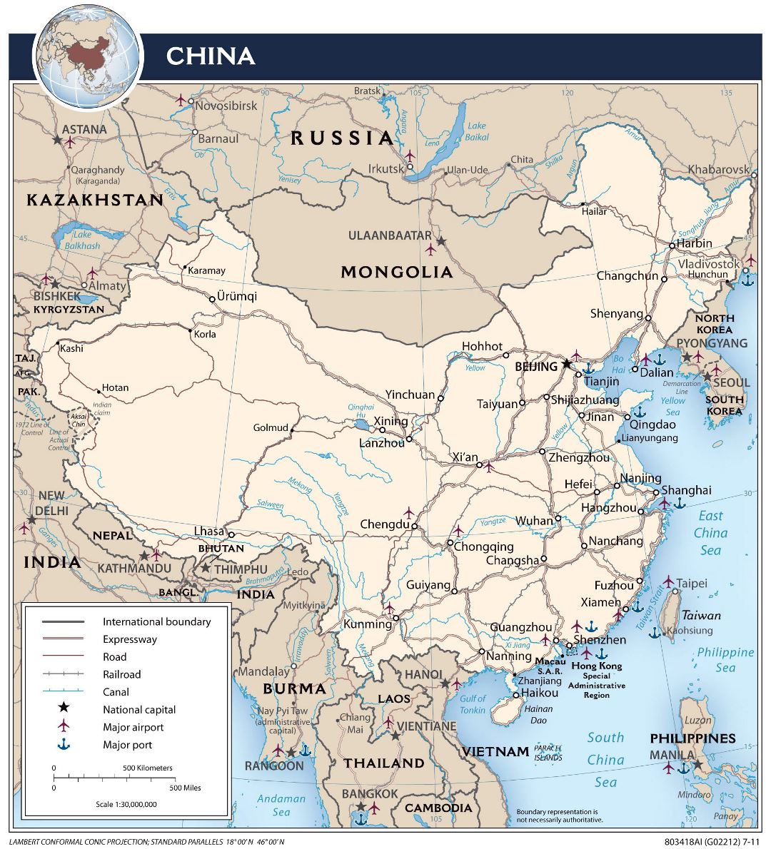 Большая детальная политическая карта Китая с дорогами, железными дорогами, крупными городами, портами, аэропортами и другими пометками - 2011