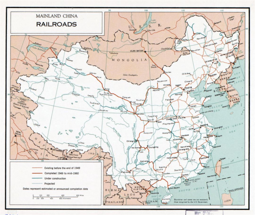 Большая детальная карта железных дорог материкового Китая - 1960