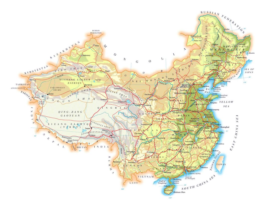 Большая карта высот Китая с дорогами, городами и аэропортами