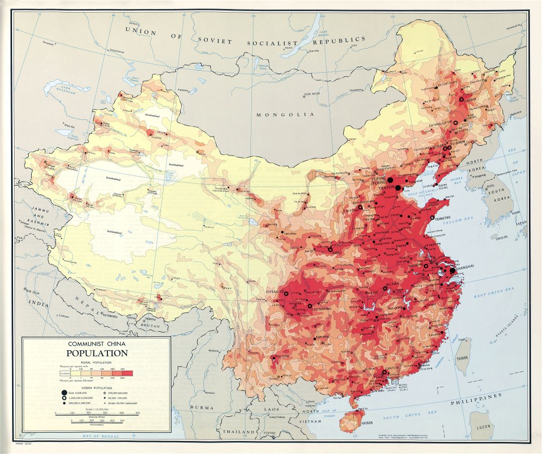 Крупномасштабная детальная карта населения Коммунистического Китая - 1967