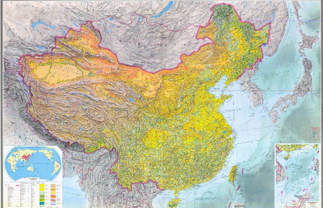 Крупномасштабная детальная топографическая карта Китая - 1984 со всеми городами, дорогами и другими пометками