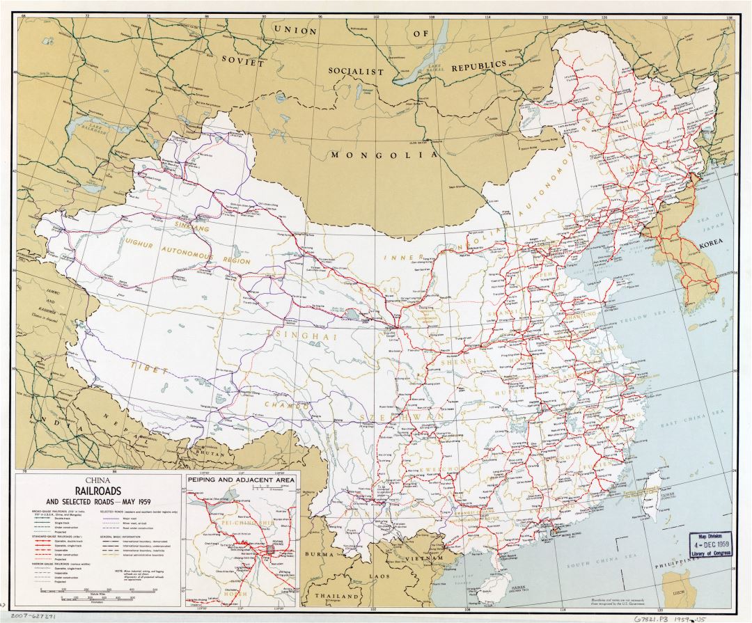 Крупномасштабная карта железных дорог и выбранных дорог Китая - 1959