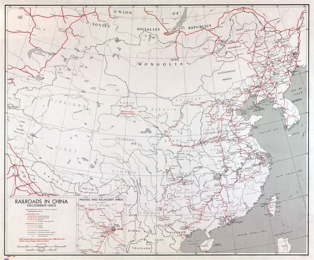 Крупномасштабная карта железных дорог Китая - 1953