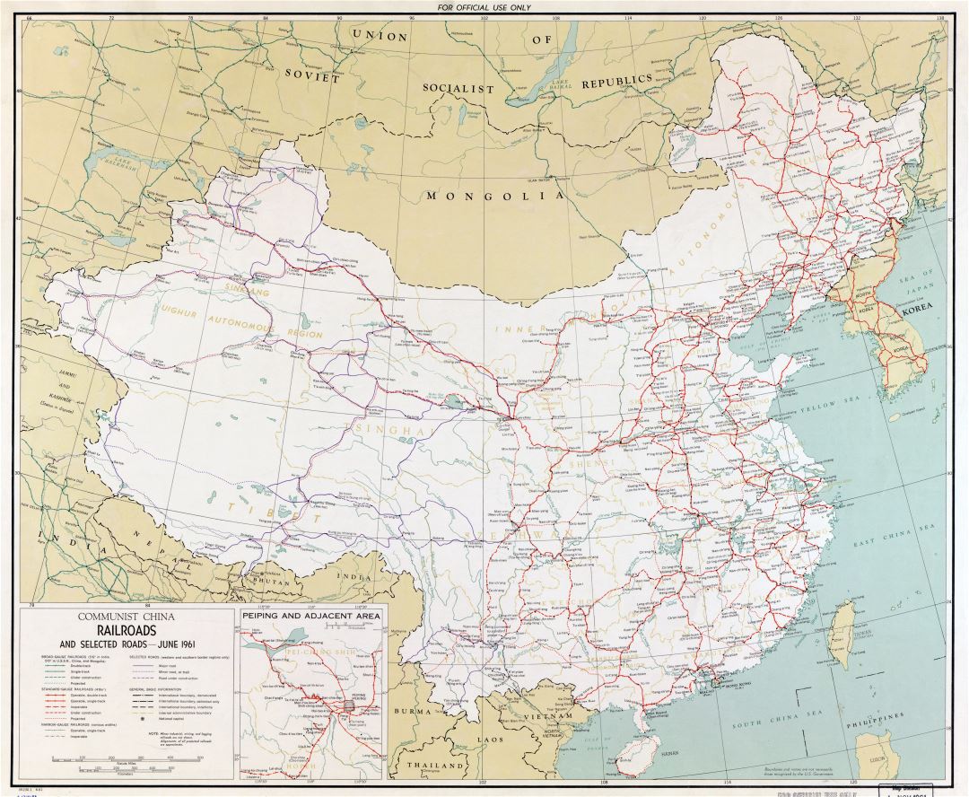 Крупномасштабная карта железных дорог Коммунистического Китая - 1961