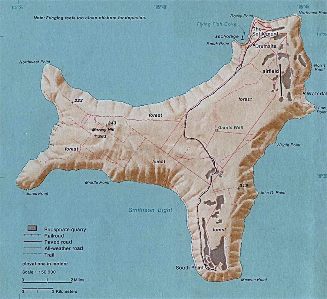 Детальная карта острова Рождества с дорогами и железными дорогами - 1976