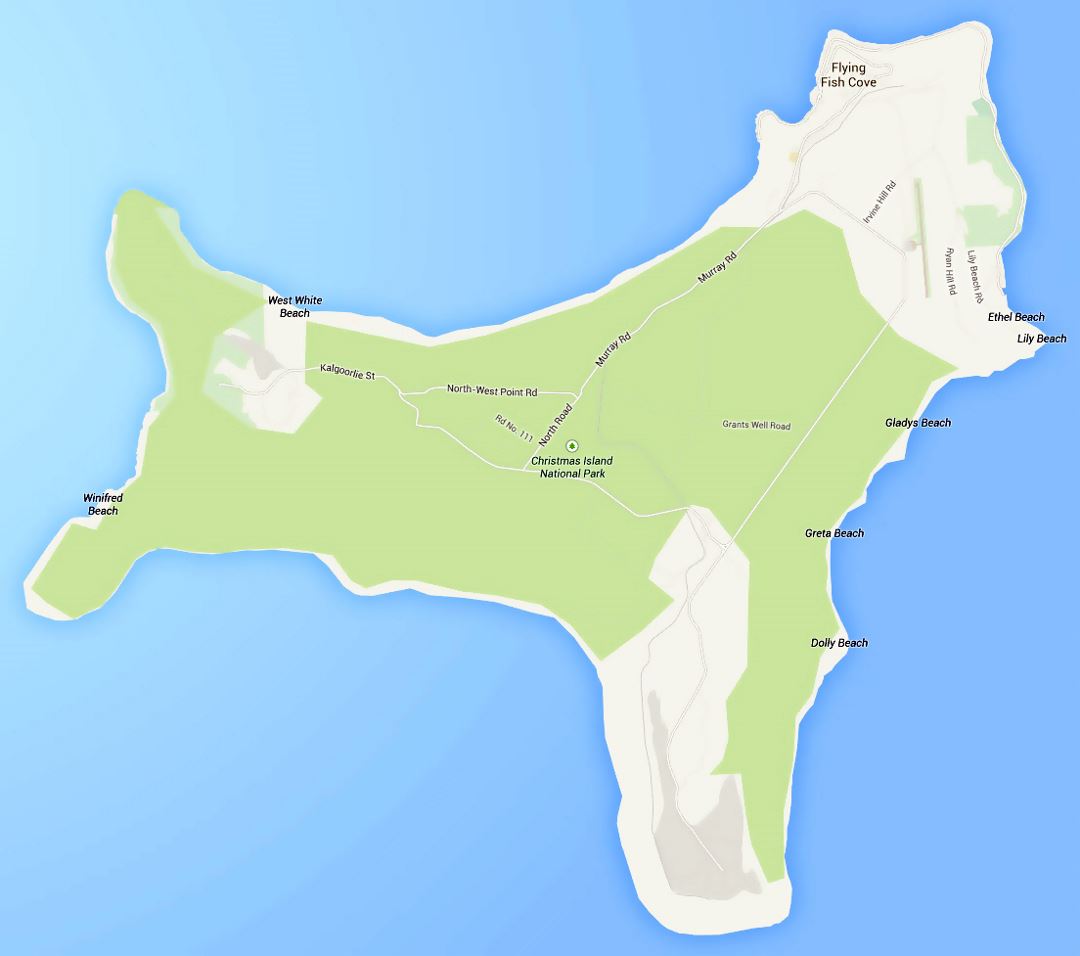 Детальная карта дорог острова Рождества со всеми городами