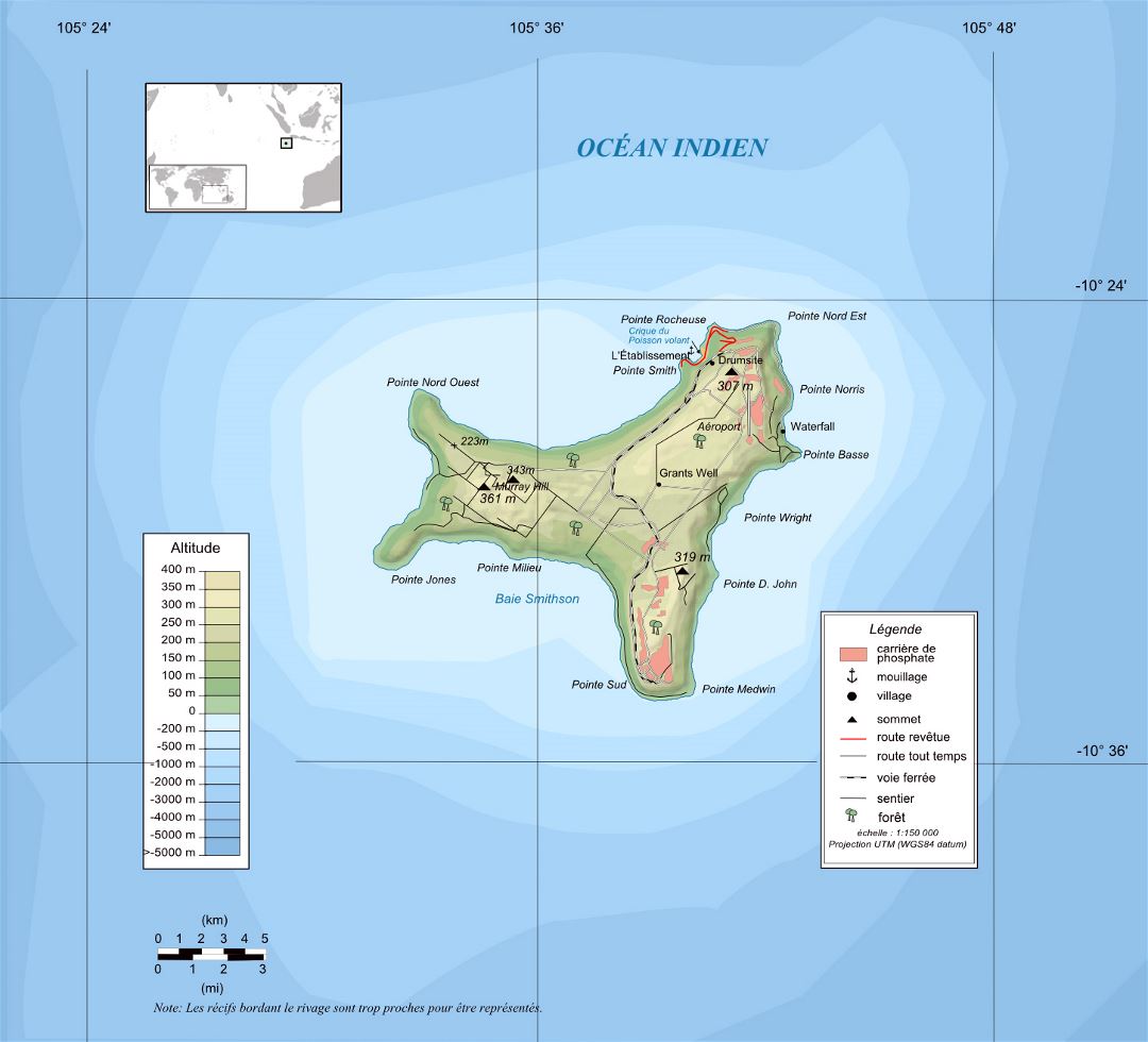 Большая детальная физическая карта острова Рождества на французском языке