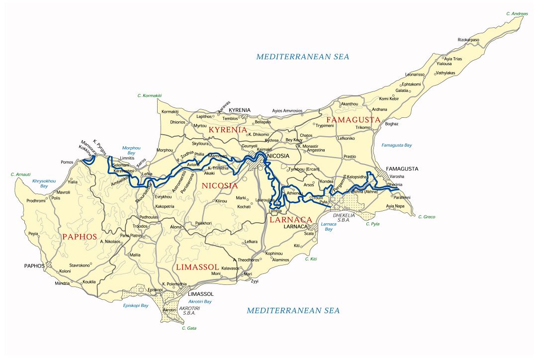 Детальная административная карта Кипра с дорогами и городами