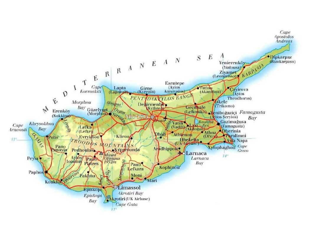 Детальная карта высот Кипра с дорогами, городами и аэропортами