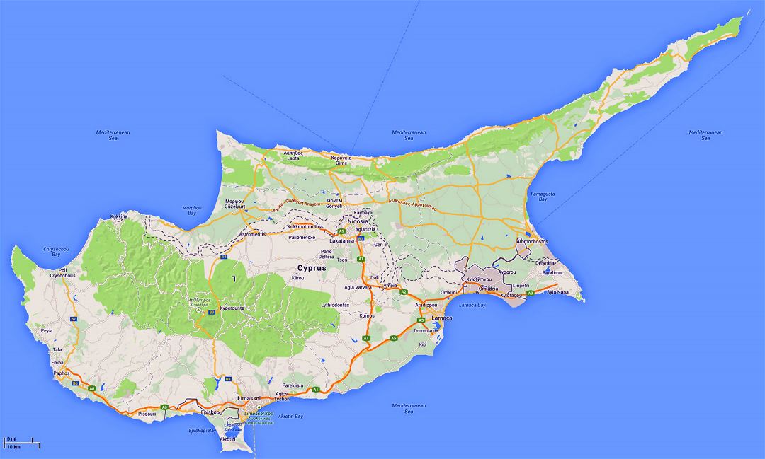 Детальная карта дорог Кипра с рельефом