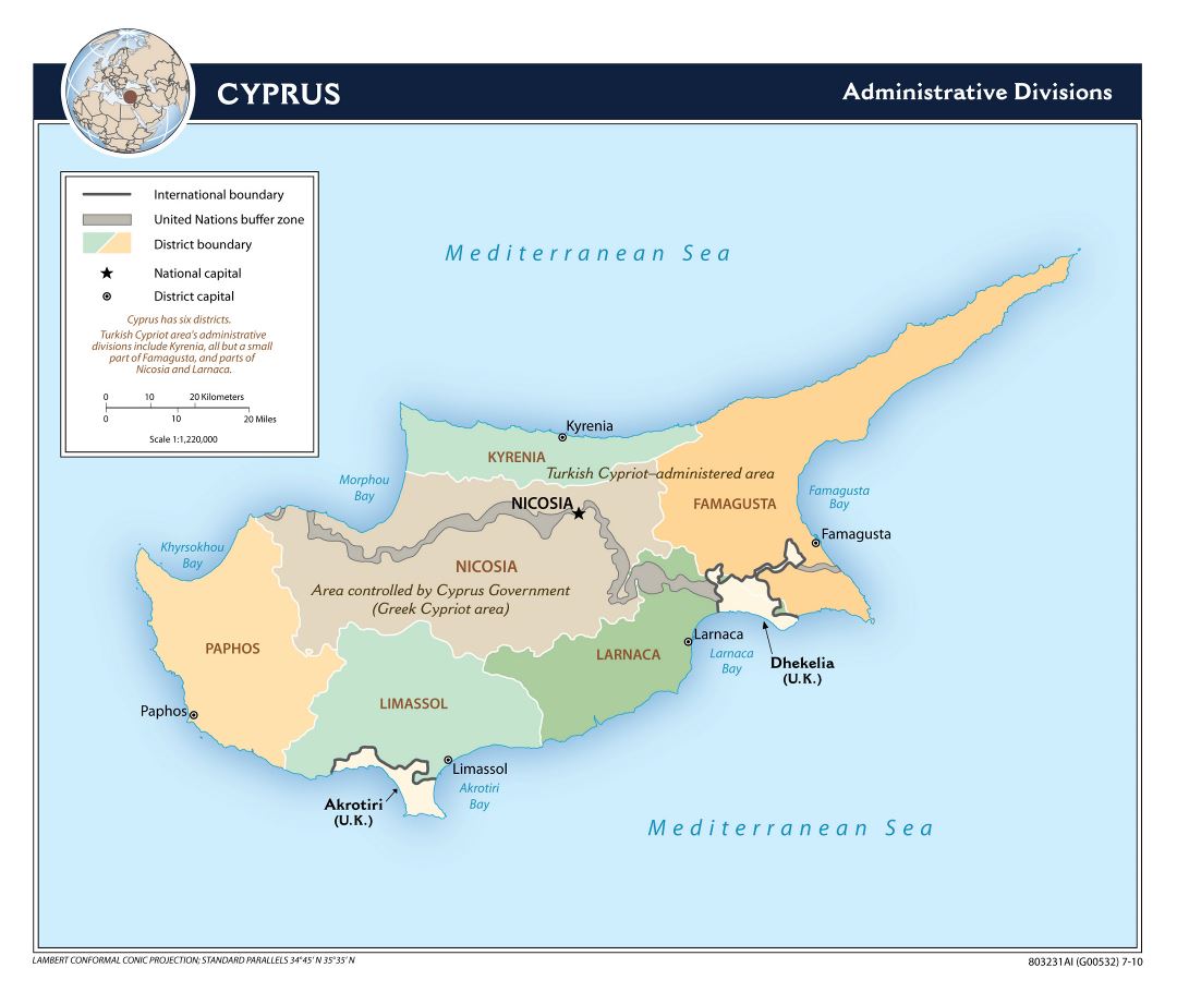 Большая детальная карта административных делений Кипра - 2010