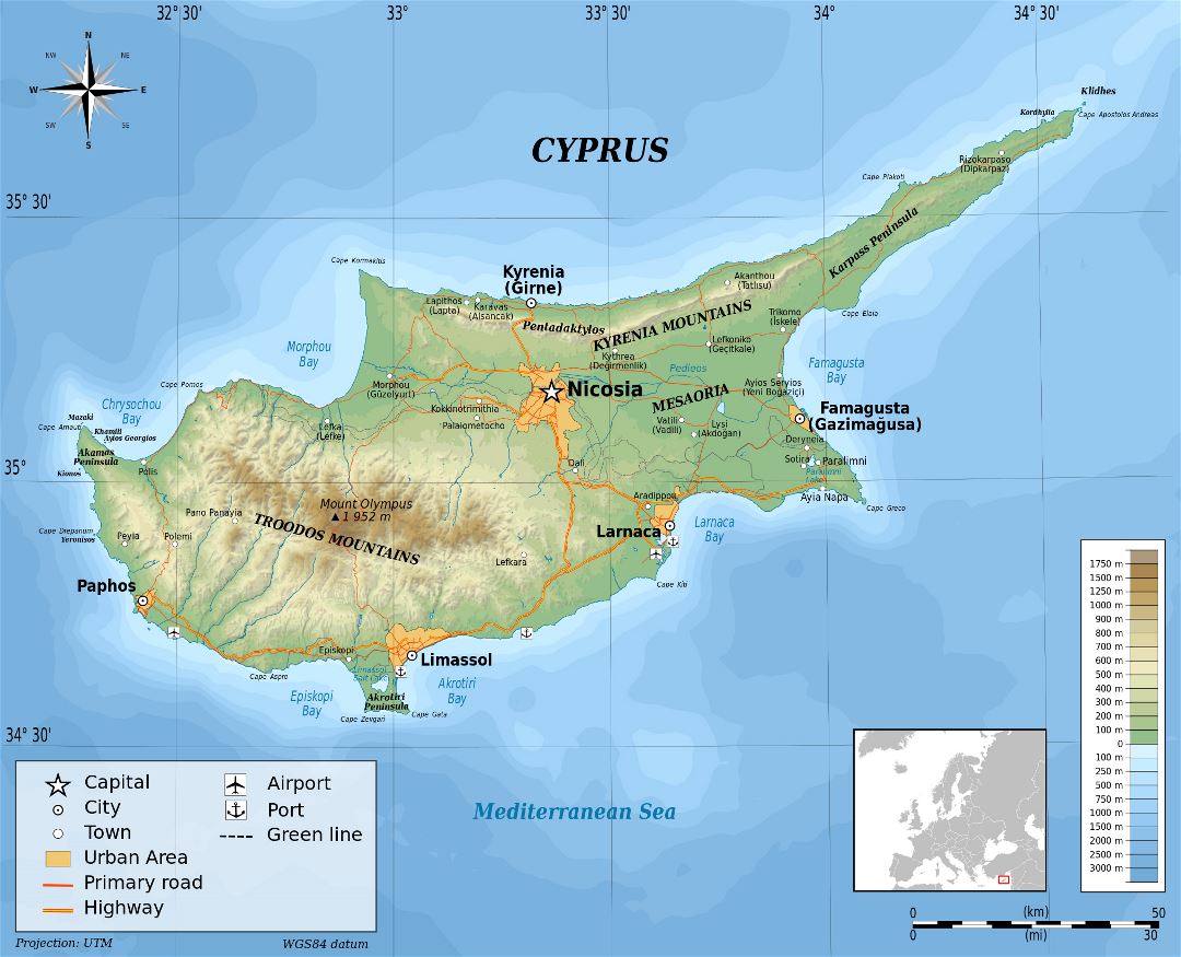 Большая детальная физическая карта Кипра