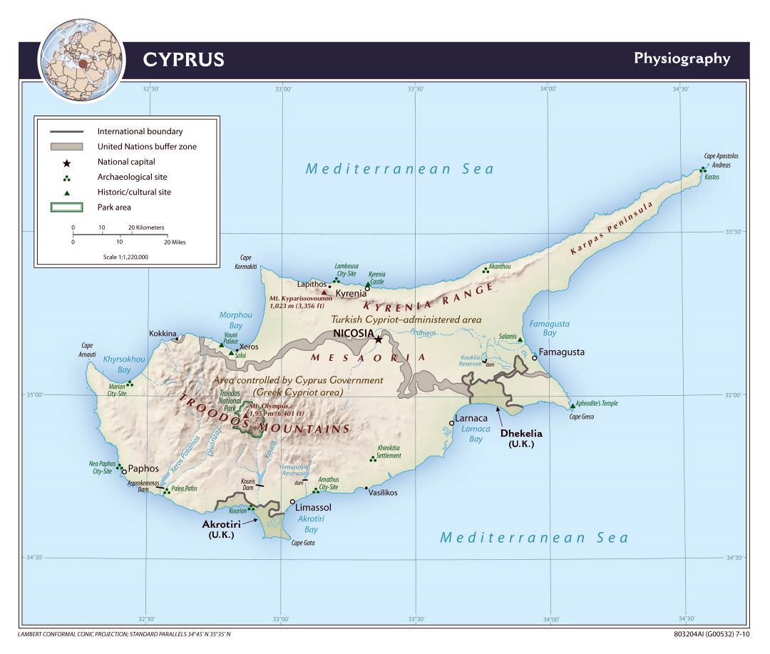 Большая детальная физиографическая карта Кипра - 2010