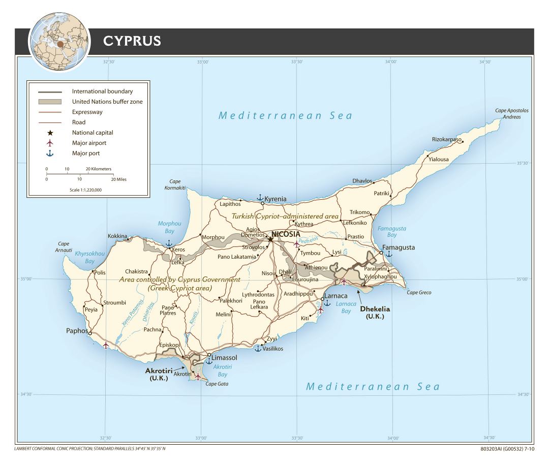 Большая детальная политическая карта Кипра с дорогами, крупными городами, морскими портами и аэропортами - 2010