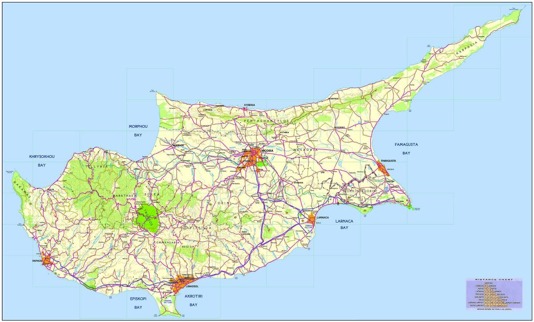 Большая детальная карта дорог Кипра с городами