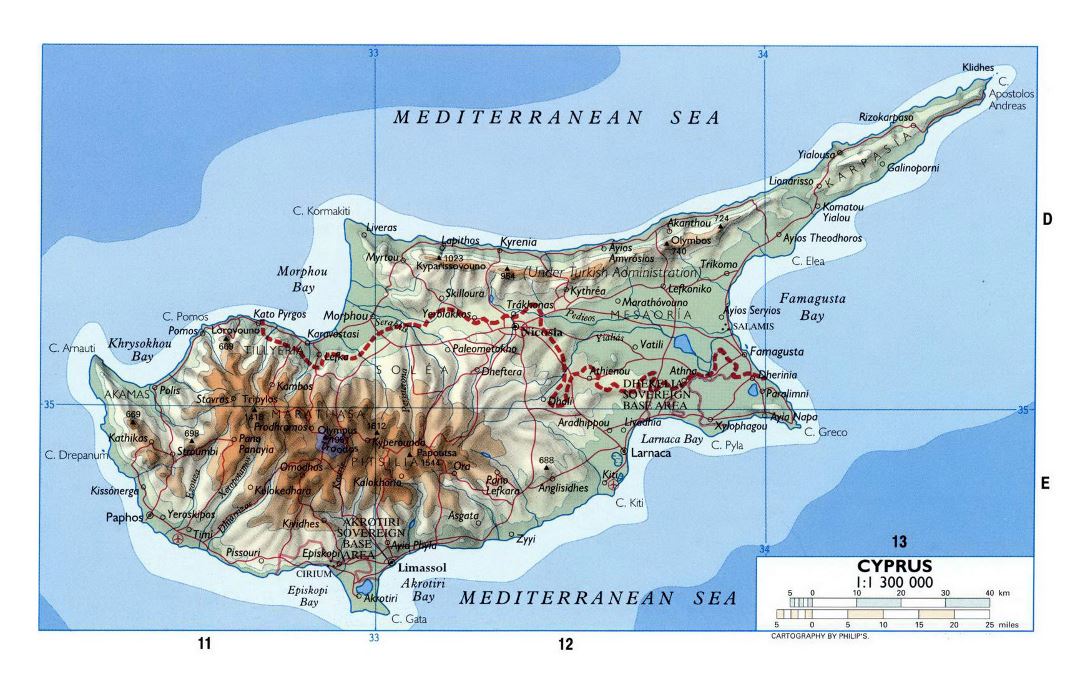 Большая карта высот Кипра с дорогами и городами