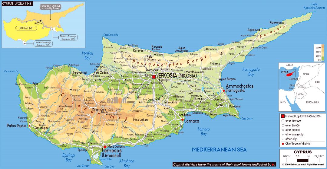 Большая физическая карта Кипра с дорогами, городами и аэропортами