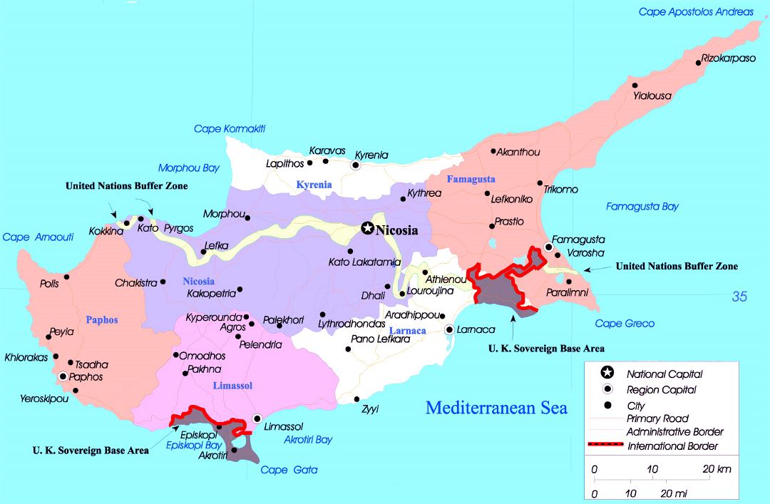 Большая политическая и административная карта Кипра с крупными городами