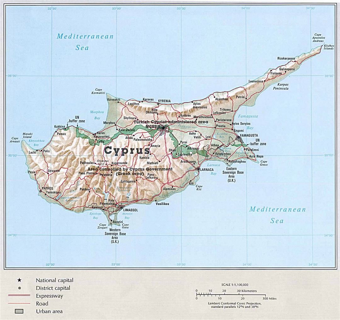 Большая политическая карта Кипра с рельефом, дорогами и городами