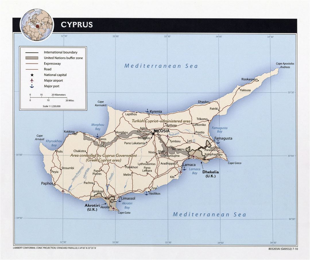 Большая политическая карта Кипра с дорогами, крупными городами, морскими портами и аэропортами - 2010