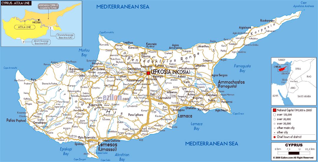 Большая карта дорог Кипра с городами и аэропортами