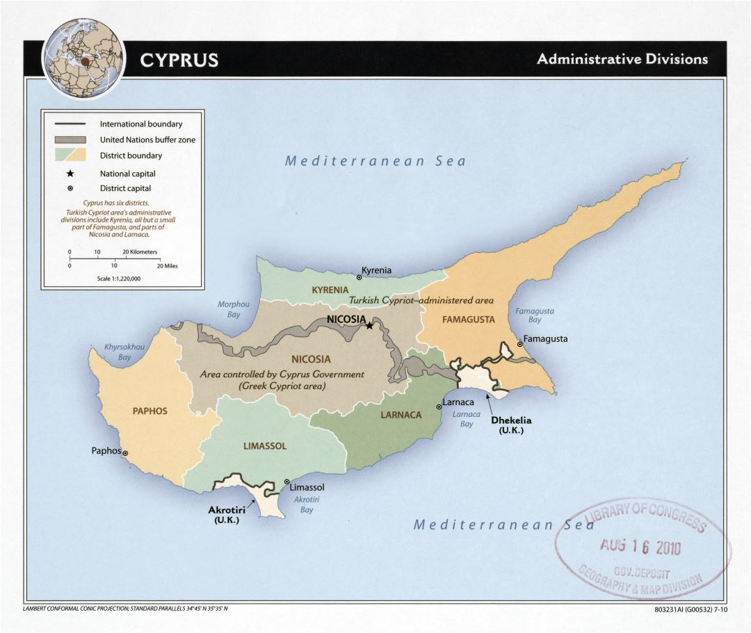 Крупномасштабная карта административных делений Кипра - 2010