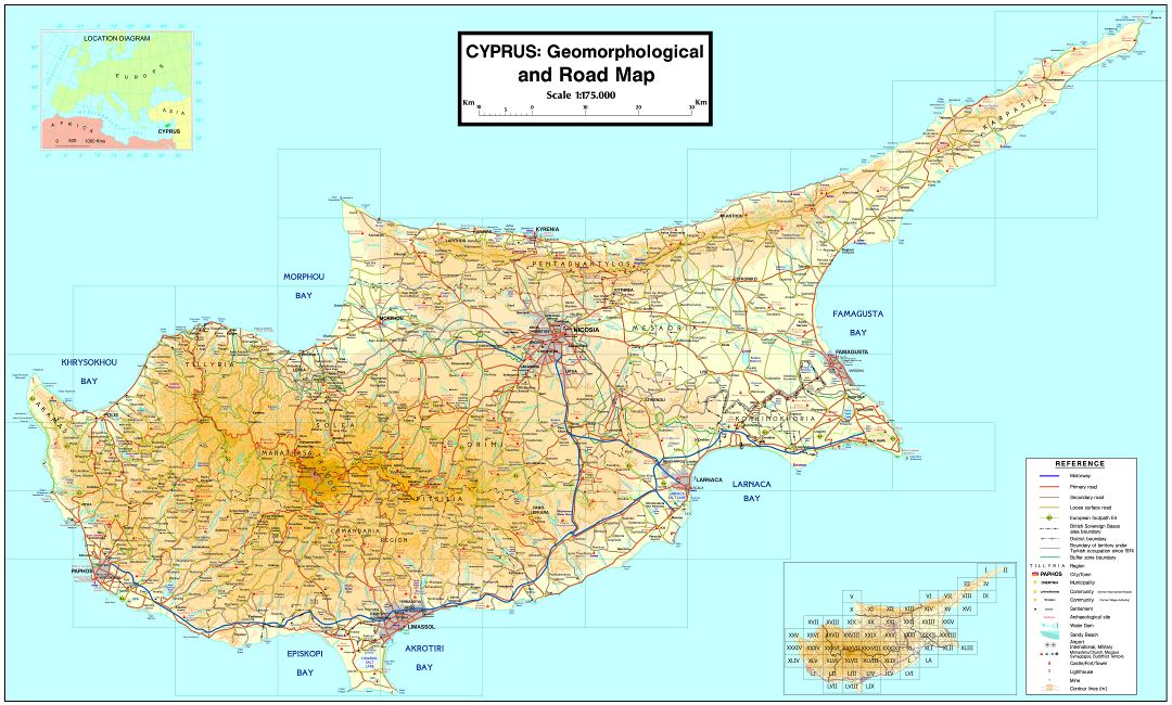 Крупномасштабная геоморфологическая карта Кипра с дорогами и городами