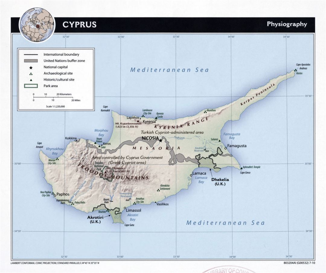 Крупномасштабная физиографическая карта Кипра - 2010