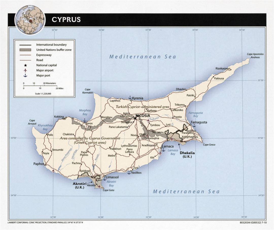 Крупномасштабная политическая карта Кипра с дорогами, крупными городами, морскими портами и аэропортами - 2010