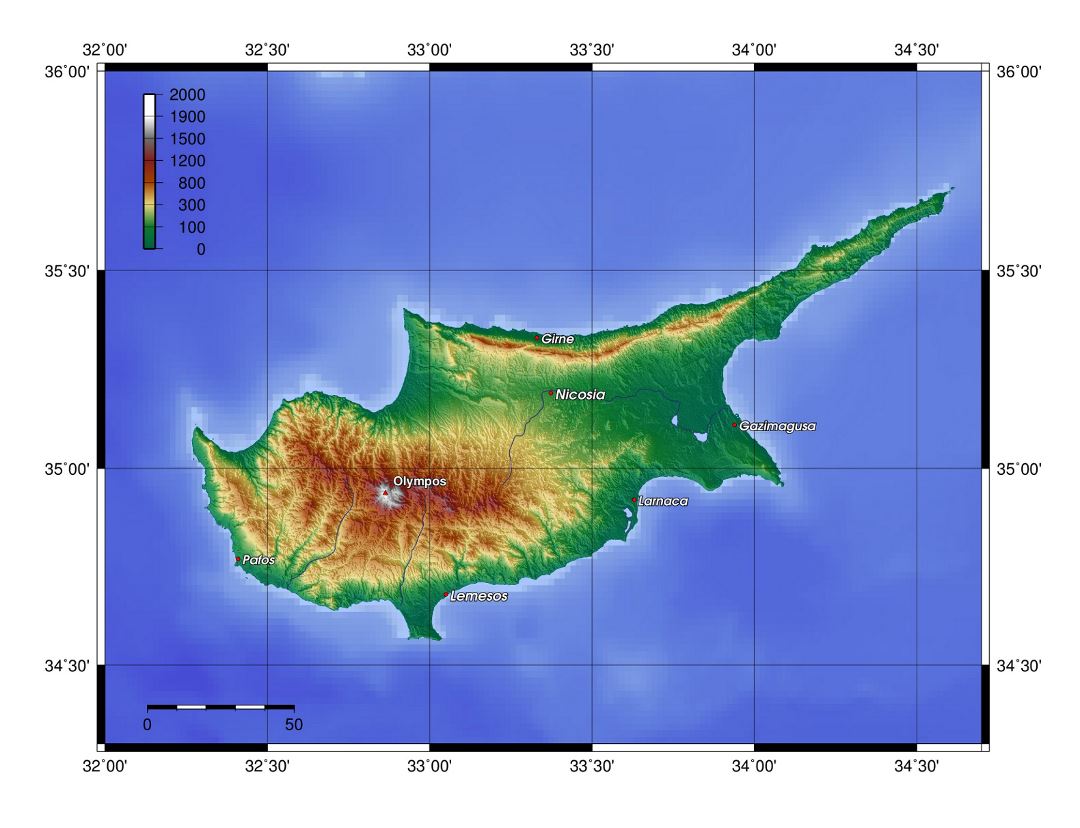 Большая топографическая карта Кипра