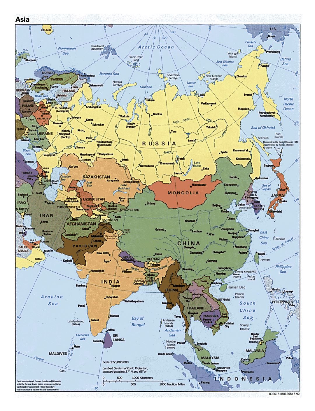 Подробная политическая карта Азии - 1992