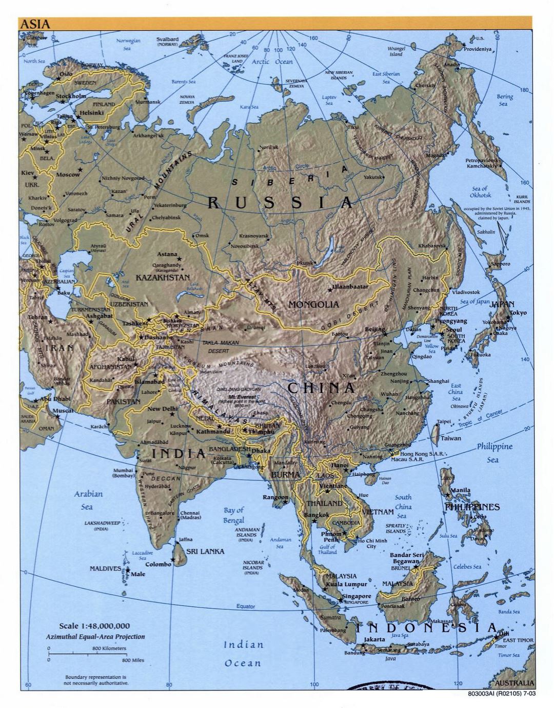 Подробная политическая карта Азии с рельефом и столицами стран - 2003