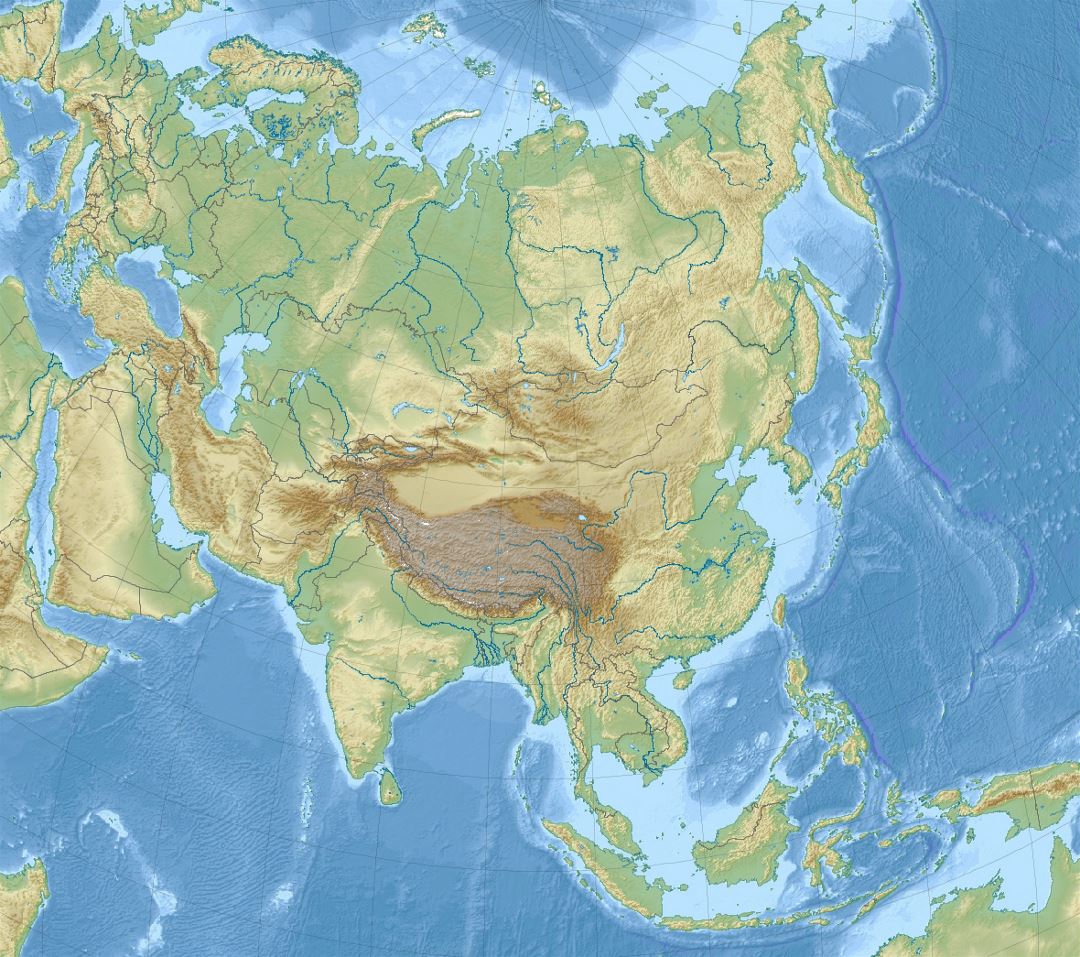 Подробная карта рельефа Азии