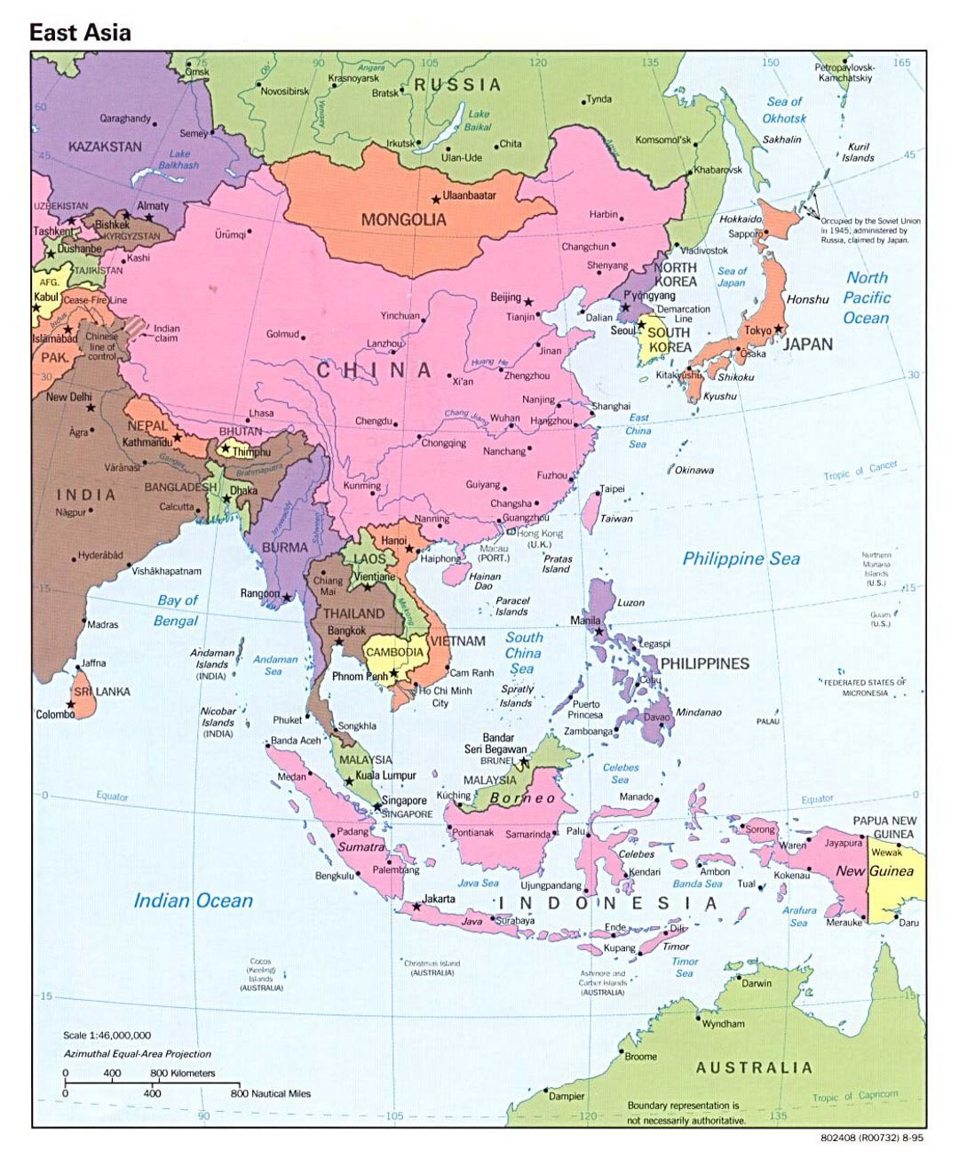 Подробная политическая карта Восточной Азии со столицами стран - 1995