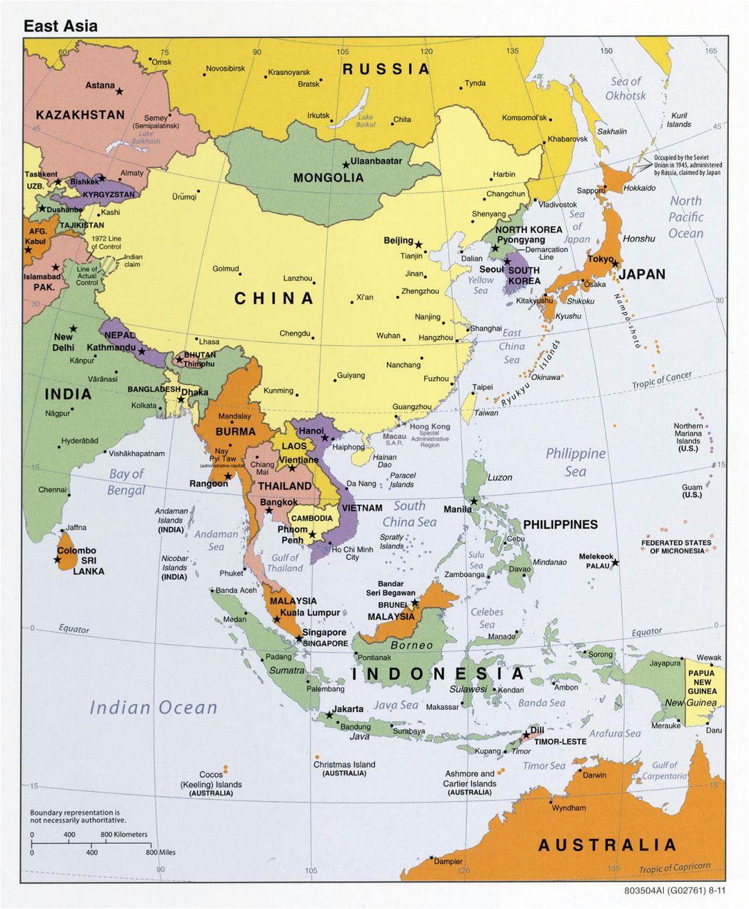 Большая подробная политическая карта Восточной Азии - 2011