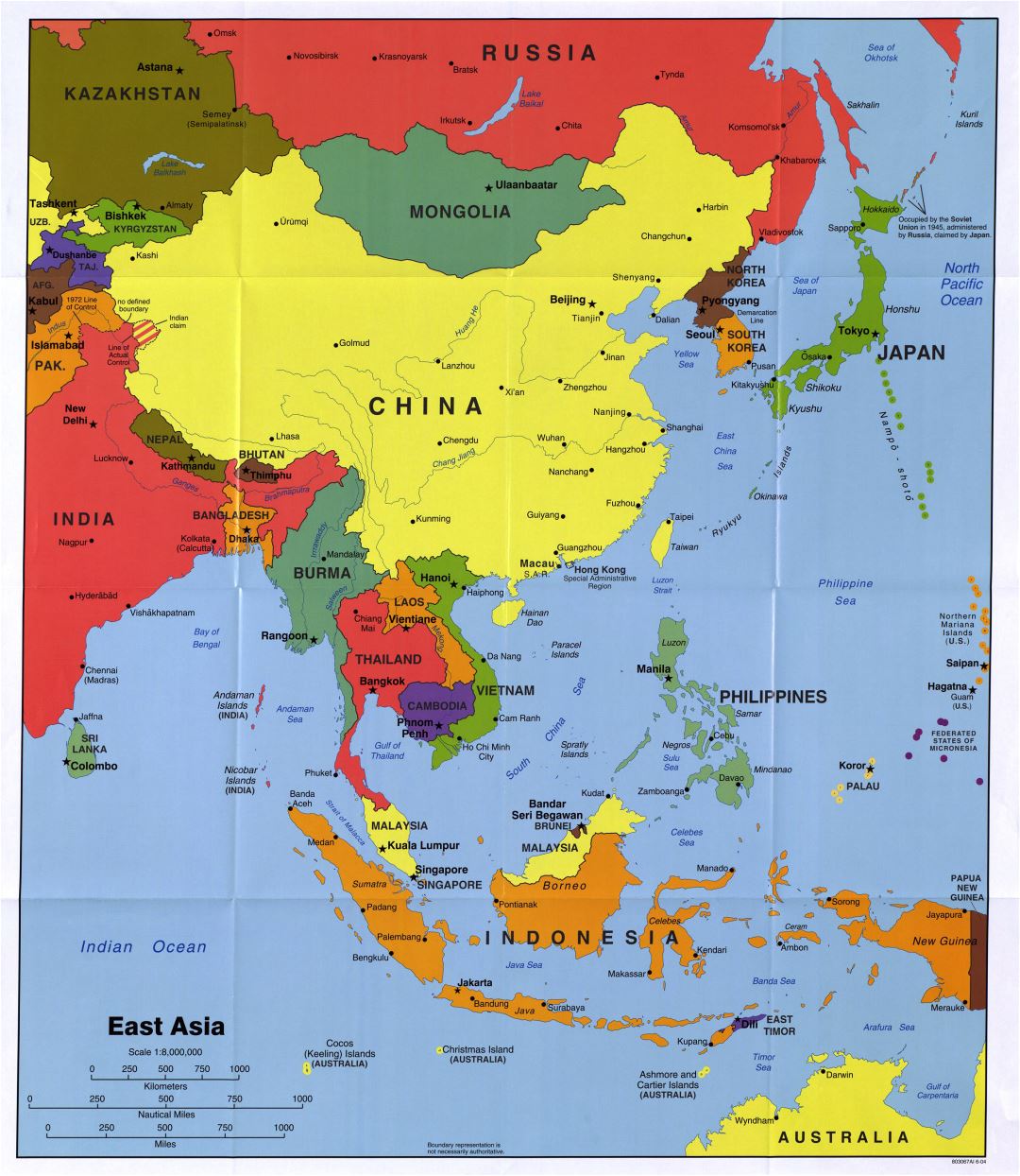Большая детальная политическая карта Восточной Азии с крупными городами и столицами - 2004