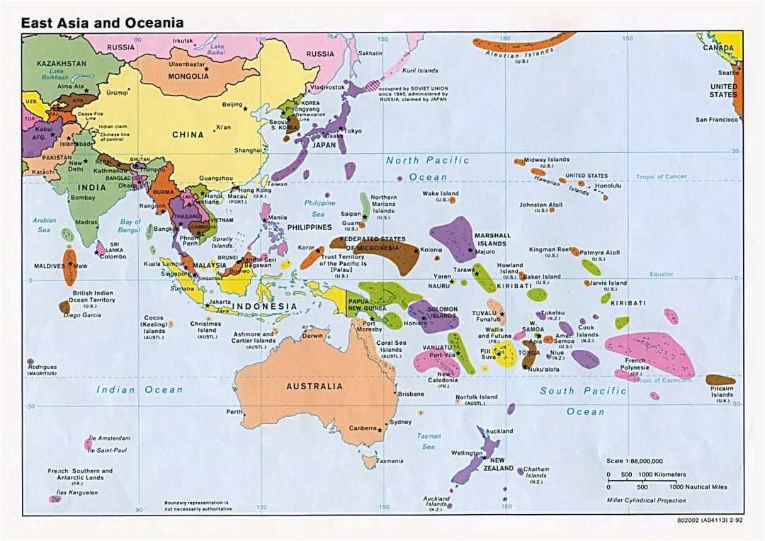 Большая политическая карта Восточной Азии и Океании со столицами - 1992