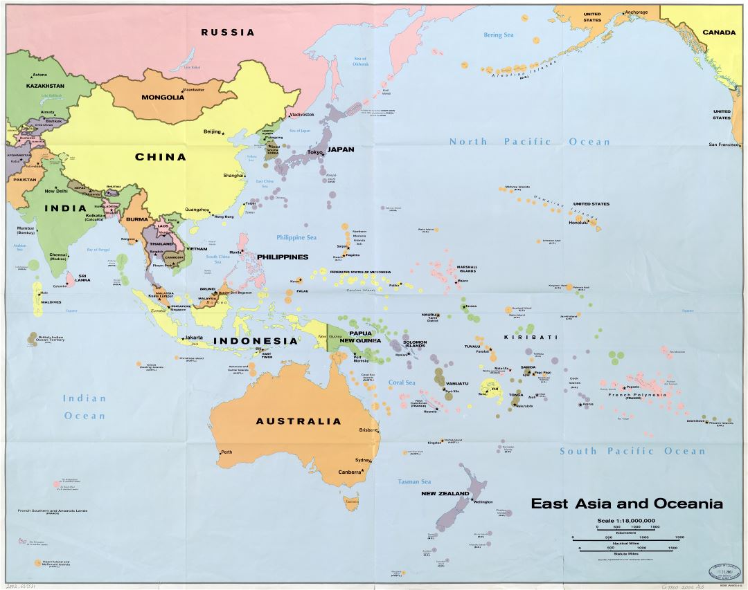 Крупномасштабная подробная политическая карта Восточной Азии и Океании - 2002